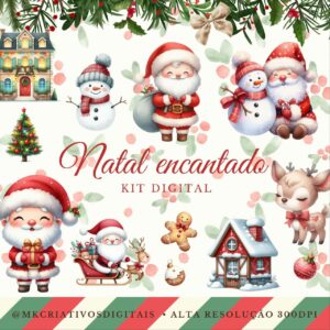NATAL ENCANTADO AQUARELA - Kit digital IA PNG