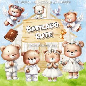 BATIZADO CUTE URSINHOS AQUARELA - Kit digital IA PNG