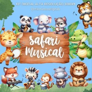 SAFARI MUSICAL AQUARELA - Kit digital IA PNG