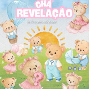CHÁ REVELAÇÃO URSINHOS - AQUARELA - Kit digital IA PNG